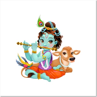 Baby Krishna with sacred cow Posters and Art